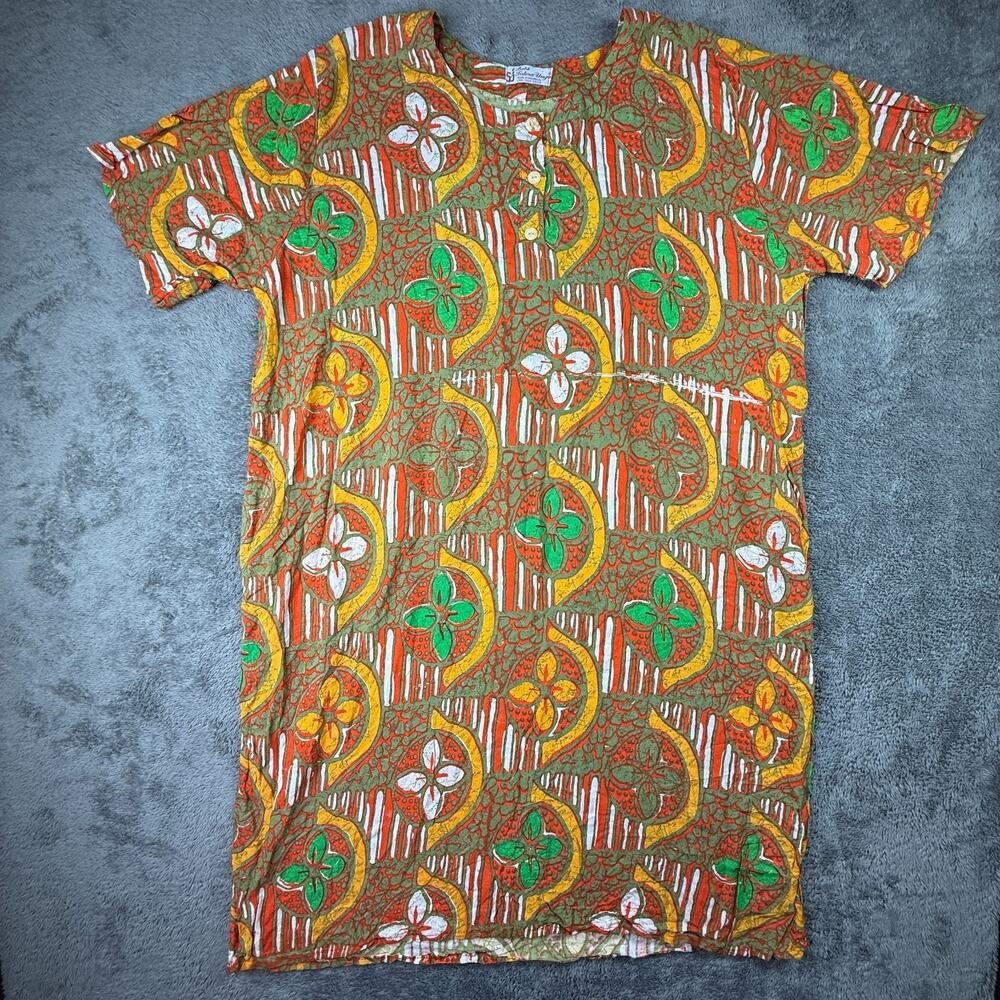 Batik Sutra Ungu Dress Tunic Top Red Floral Short Sleeve Button Neck Indonesia